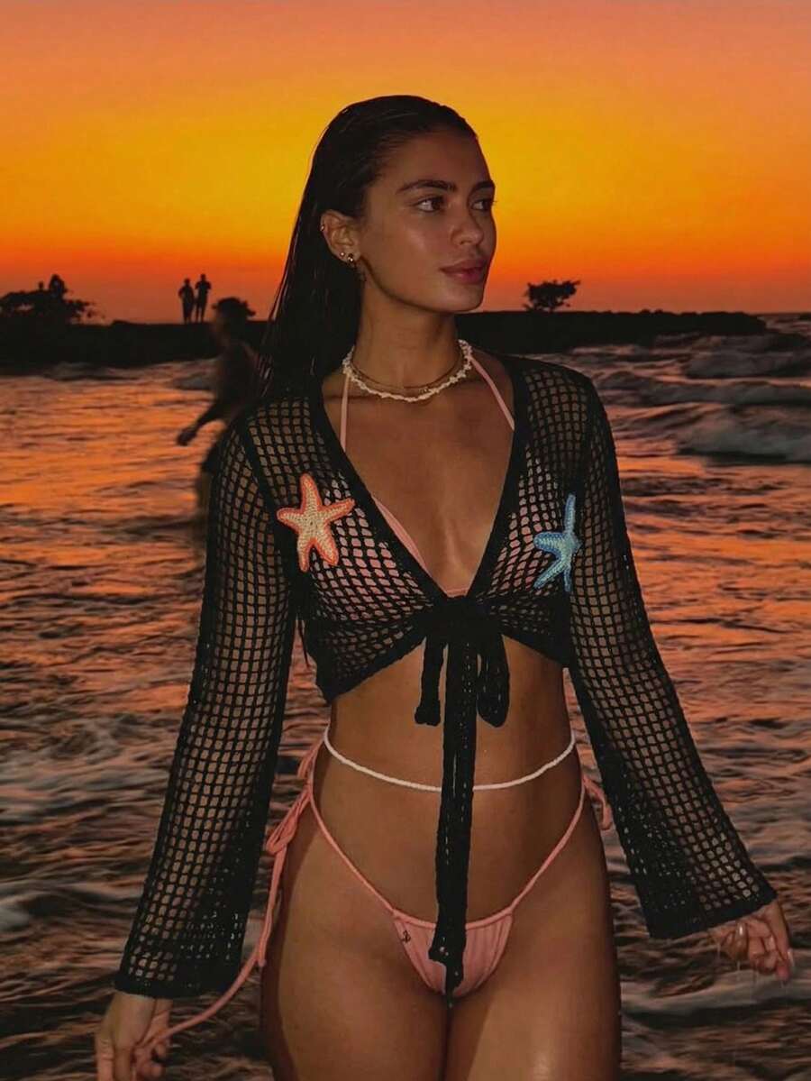 Women's Sexy Semi-Sheer Knitted Mesh Cover Up With Starfish Pattern, Perfect For Beach Vacation - Black - View 1