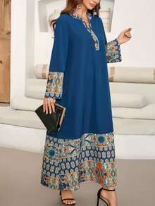 2026 Vestido largo tipo abaya de Dubái, el talla grande vendido en Oriente Medio, de manga ancha estilizante, longitud alargadora, estampado de patchwork con cuello en V suelto, manga acampanada talla grande, vestido largo elegante vintage azul, moda musulmana, adecuado para uso casual, fiesta, celebración de Eid, vestido chic popular para comercio transfronterizo - Multicolor - Ver 5