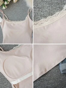 蕾丝U领性感露胸吊带背心，带胸垫，修身打底衫，休闲夏季粉色 - 粉色 - 查看 9