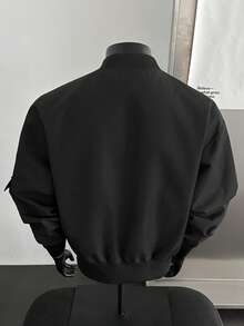 1pc Men's Black Loose Bomber Jacket, Multi-Pocket Technologic Style, Anti-Pilling And Anti-Snagging, Minimalist High-End Outerwear, Suitable For Daily Commute And Casual Business Wear - Black - View 4