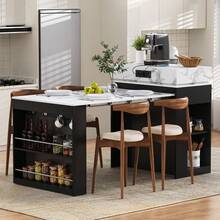 Kitchen Island On Wheels, Extendable Dining Table With Drop-Leaf Top, Bar Table With Power Strips And Hooks, Serves As A Kitchen Island, Buffet Or Bar Table For The Kitchen And Dining Room (Black) - Black + Medium Density Fiberboard + Glass - View 4