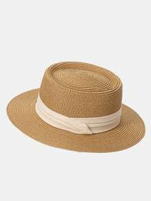 1pc Round Flat Top Straw Hat, Breathable Sun Hat, Travel Beach Hat, Essential Travel Hat, Fashion Versatile, Suitable As Gift For Girlfriend/Friend, Women's Accessory, Interesting Gift, Personalized Gift, Thoughtful Gift, Women's Gift,Summer,Holiday,Festival - Concave Top - View 10