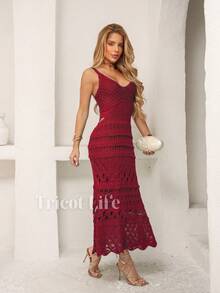 Women's Midi Dress, Knit With Lace, Party, Beach, Sophisticated, New Year's Eve, Christmas, Vacation, Beach, Wedding, Bridesmaid - 焦紅色 - 查看 4