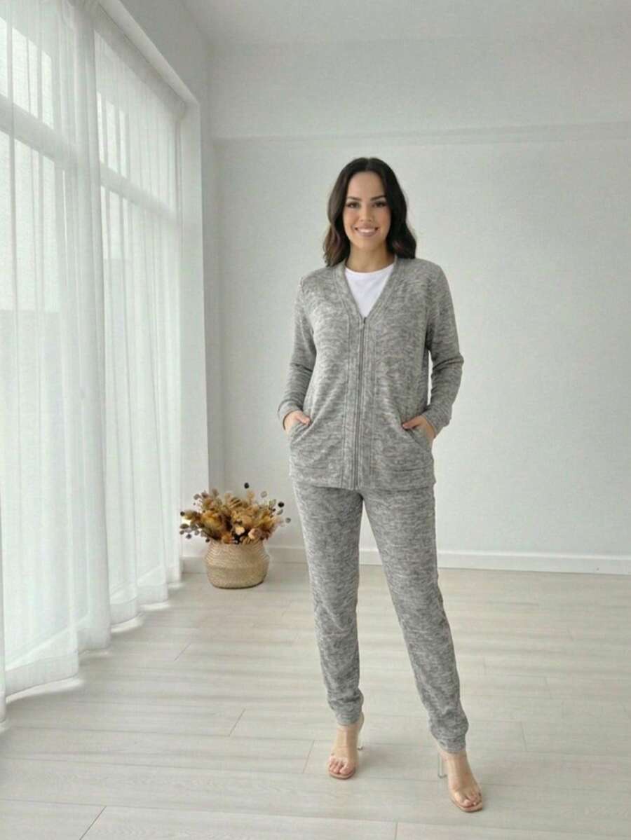 Traditional Ribbed Wool Set For Women - Grey - View 1