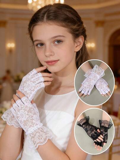 1 Pair Lace Fingerless Gloves For Teenage Girls, Elegant Ruffle Floral Lace Gloves Suitable For Flower Girls, Tea Parties, Galas, And Halloween Cosplay