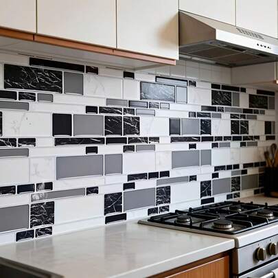 1卷黑白几何砖纹厨房贴纸，2D效果自粘家居装饰撕贴贴纸，适用于厨房防溅板/墙面翻新和餐厅装饰，防水自粘纸，家居装饰，DIY壁画贴纸，房间装饰，浴室装饰，墙贴