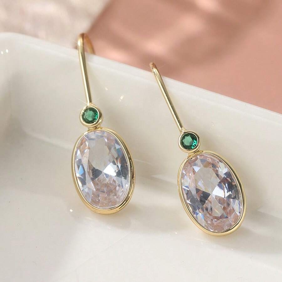 Fashionable Cubic Zirconia Dangle Earrings, Suitable For Girls' Party And Wedding, New Oval Drop Earrings, Women's Jewelry Gift - Gold - View 1
