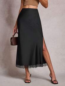 Women's Black High Waist Solid Satin Skirt With Lace Hem & Side Slit, Elegant Party Skirt Suitable For Dance & Daily Wear - Black - View 4