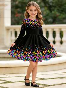 Black Butterfly Girl Long Sleeve Dress, Floral Round Neck Casual Dress & Party, Outdoor Fashion Dress - Black - View 1