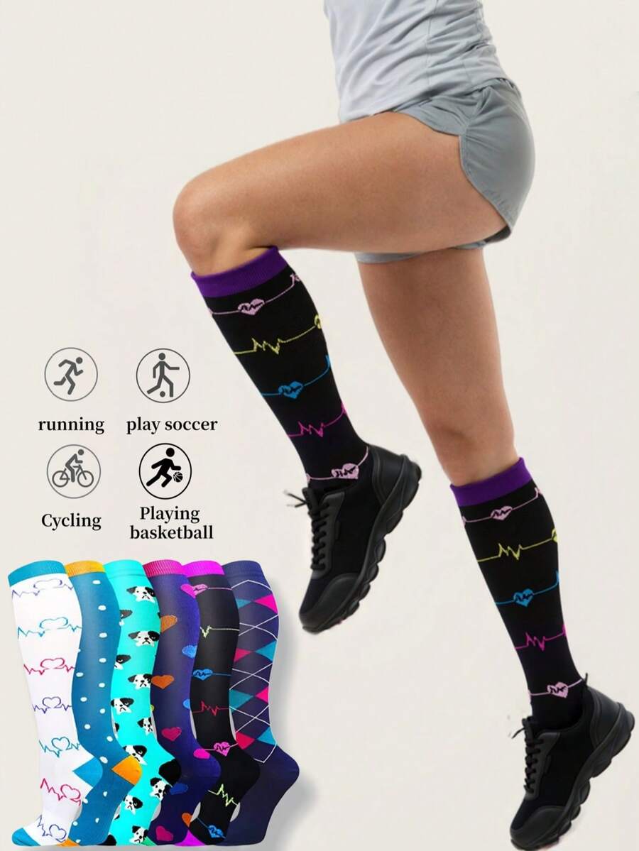 1/3/6 Pairs Unisex Compression Knee-High Socks, Breathable Design Suitable For Running, Cycling, Hiking, Football And Travel - Multicolor - View 1