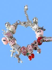 1pc Leopard Print Billiard Ball Charm Bracelet, 1pc Cherry Cross Music Festival Bracelet, 1pc Leopard Print Star Girl Bracelet - Silver - View 15