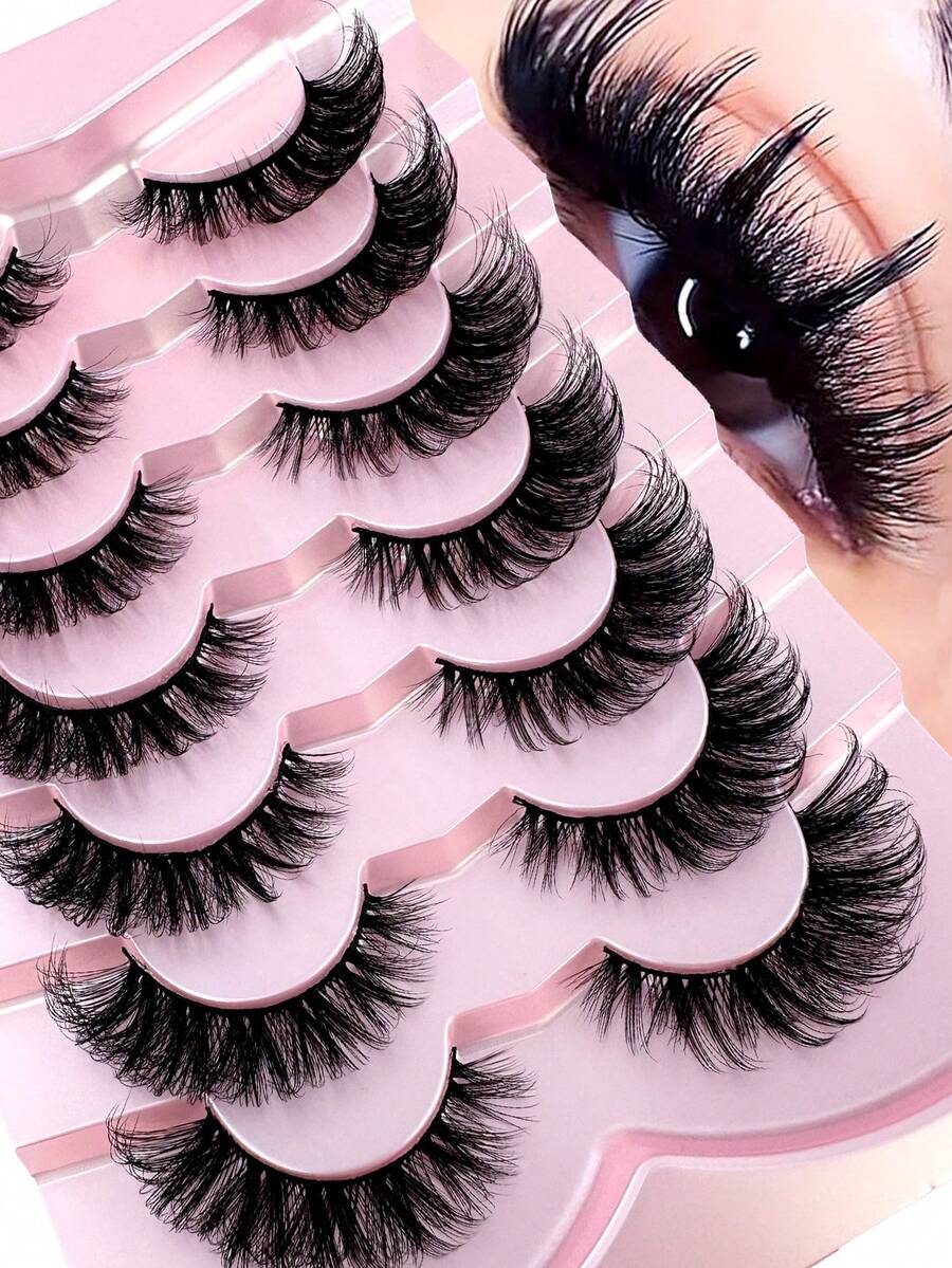 7对自然蓬松假睫毛，适合日常佩戴，卡通风格，旅行必备，条状假睫毛