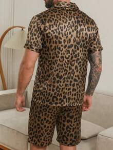 2pcs Men's Leopard Print Short Sleeve Shorts Pajama Set, Silk Casual Sleepwear Suit For Summer, Spring & Autumn - Rust Brown - View 2