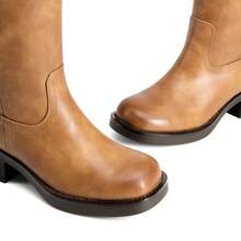 Womens Square Toe Chunky Block Heel Knee High Boots Banana Campus Boots For Women Casual Comfortable Low Heel Side Zipper Riding Tall Boots - Brown - View 7