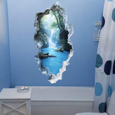 1-2片3D立体破墙瀑布森林墙贴，防水贴纸，PVC材质，易于粘贴和移除，适用于家居装饰、浴室装饰、房间装饰、客厅装饰，完美为您的浴室装饰增添自然沉浸式氛围。