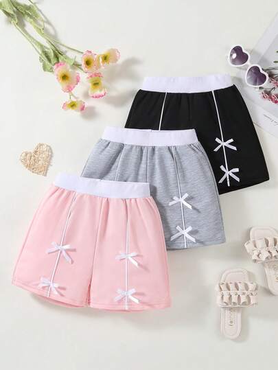 3pcs/Set Girls Sweatshirt & Shorts With Stripes & Bow, Fashion Summer Sports Shorts, Black/Pink/Gray, Suitable For Outdoor Activities