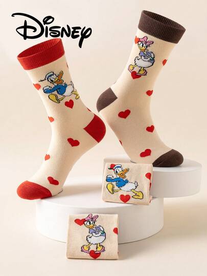 Disney 2 Pairs Heart Pattern Mid-Calf Socks, Cute Cartoon Heart Design, Odor-Resistant Moisture-Wicking Casual Crew Socks, Suitable For Students/Adults As Gifts Or Daily Wear, Couple Matching