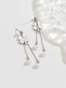 1 Pair Stainless Steel Flower Tassel Pendant Pearl Stainless Steel Earrings, Elegant Personalized Celebration Party Wedding French Earrings Accessories For Women - Earring - View 3