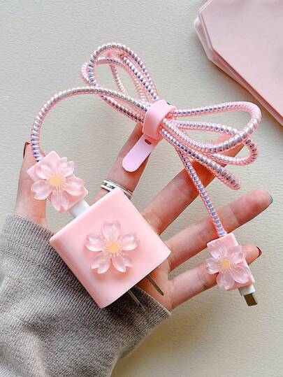 Cute Pink Floral Series Element Cherry Blossom Themed & Pink Charger Protection Set, Compatible With Apple 18/20W Chargers. The Set Includes A Data Cable Protector To Prevent Cable Breakage. Cute And Stylish Japanese And Korean Design, A Perfect Holiday Gift For Your Best Friend Or Girlfriend Women's Day Birthday Gift