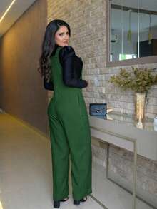 Women's Long Jumpsuit, Casual And Elegant, With Pockets, Lightweight And Comfortable Fabric, Knitted Fabric, Contrasting Waistband - 軍綠色 - 查看 3