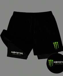 Men's 2-In-1 Compression Shorts For Gym, Fitness, Training, Stylish Monster Retro Print With Secret Pocket. - 黑色 - 查看 1