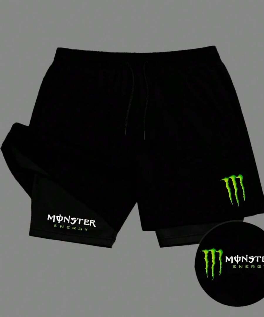 Men's 2-In-1 Compression Shorts For Gym, Fitness, Training, Stylish Monster Retro Print With Secret Pocket. - 黑色 - 查看 1