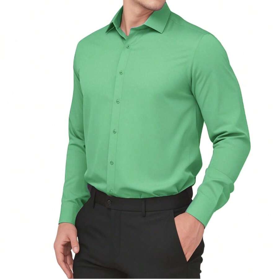 Men's Long-Sleeved Slim Fit Shirt, Luxury Premium Style, Wrinkle-Free - 綠色 - 查看 1