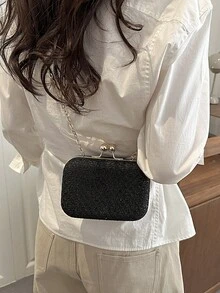 2026新款闪亮菱形图案盒式手拿包，粉色晚宴包，适合派对、婚礼、晚宴等场合，时尚链条单肩/斜挎包，可装手机、零钱、口红、耳机等。 - 黑色 - 查看 3