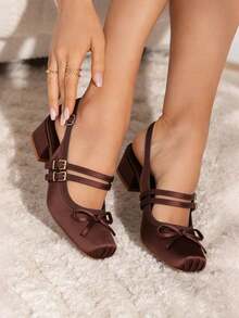 Women's Ballet Heels Elegant Square Toe Bow Satin Mary Janes Ballerina Chunky Heel Party Buckle Strap Sweet Cute Wedding Shoes For Women Valentine's Day Gift - màu nâu - Xem 3