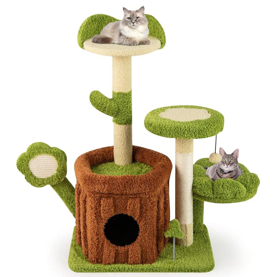 COSTWAY Cute Cat Tree For Adult Cats, Multi-Level Kitty Tower With Trunk Condo, Flower Perch, Plush Napping Bed, Pompom, Spring Toy, Platforms, Scratching Posts & Board, Indoor Pet Jungle Activity Center, Green - màu xanh lá - Xem 1