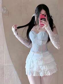 1 双精美防紫外线臂套，时尚蕾丝露指长手套，适合派对、约会、度假等场合 - 米色 - 查看 3