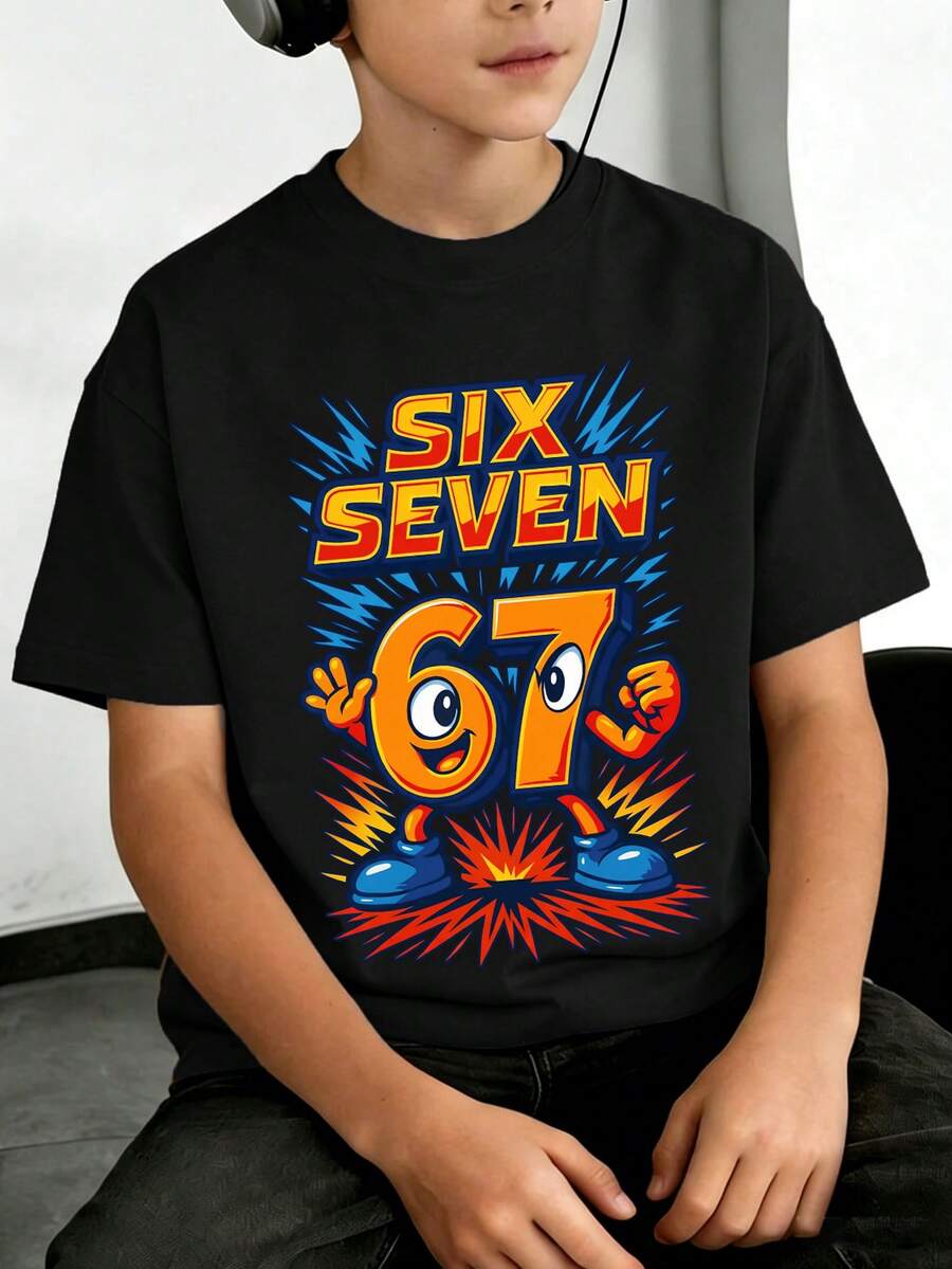 Tween Boy Casual Graphic Print Crew Neck Short Sleeve T-Shirt, Summer Top - Black - View 1