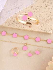 Set de 5 piezas con diseño de trébol de la suerte: collar, aretes, pulsera y anillo - Rosa - Ver 2