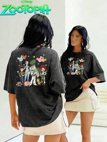 Disney Toy Story Multi-Role Warm Party Before And After The Printing  Oversized To Make Old T-Shirts, Street Wind Spring And Summer 2026 Retro Fashion Lovers Popular Style To Make Old Round Neck T-Shirts. - 黑色 - 查看 1