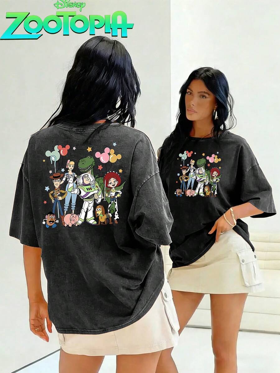 Disney Toy Story Multi-Role Warm Party Before And After The Printing  Oversized To Make Old T-Shirts, Street Wind Spring And Summer 2026 Retro Fashion Lovers Popular Style To Make Old Round Neck T-Shirts. - 黑色 - 查看 1