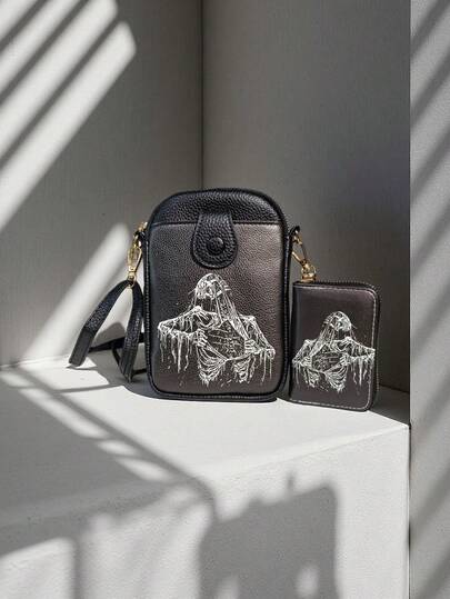 新款复古骷髅头设计卡包钱包套装，迷你彩色印花短款钱包，便携时尚个性化卡包，男女通用畅销款独特印花钱包