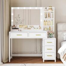 HaluPeit 110 Cm Dressing Table With LED Lights, Vanity Table With Large Mirror, 3 Light Colors, Adjustable Brightness, Makeup Desk, 5 Drawers, Open Compartments, White, Modern - 查看 4