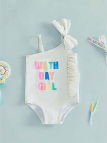 Toddler Girl Birthday Swimsuits Birth Day Girl Letter Print Sleeveless Bathing Suit Rash Guard Beachwear Swim Sunsuits One Piece Swimwear - 白色 - 查看 1