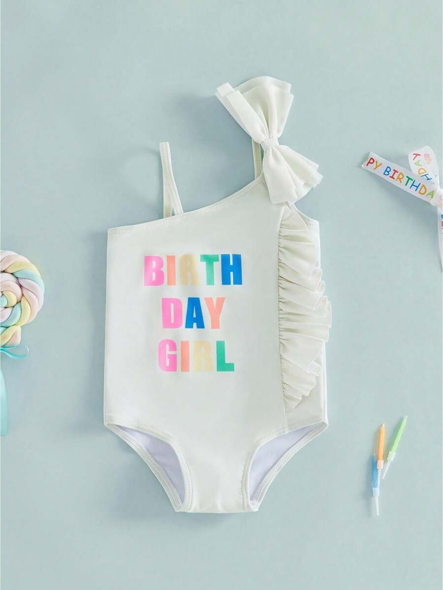 Toddler Girl Birthday Swimsuits Birth Day Girl Letter Print Sleeveless Bathing Suit Rash Guard Beachwear Swim Sunsuits One Piece Swimwear - 白色 - 查看 1