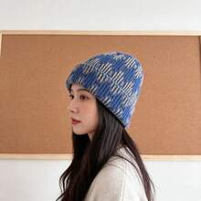 Korean Style Fashion Tie-Dye Color-Block Handmade Knitted Hat For Men And Women, Autumn And Winter Warm Rolled Edge Cold Hat, Ear Protection Pullover Knit Hat,  Suitable For Couples To Wear In Autumn And Winter - 酒紅色 - 查看 11