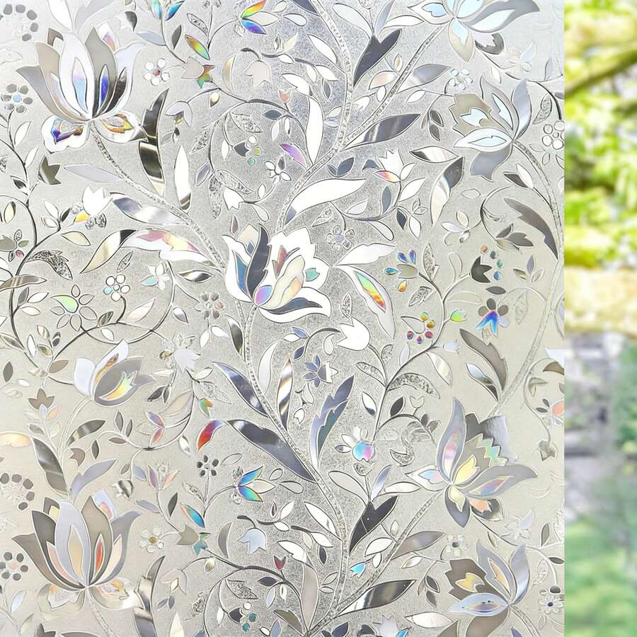 SHAWULA Static Cling 3D Stained Glass Window Film, Rainbow Tulip Privacy Sun Blocking Anti-UV Heat Control Reusable For Home Office 17.7x80 Inch