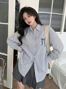 女式蓝白条纹领结衬衫，宽松轻薄长袖衬衫，秋冬 - 藏青色 - 查看 2