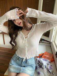 Women's Frill Trim Tie Front Lightweight Cover Up Sheer Cover Up Long Sleeve Top, Spring/Summer - White - View 5