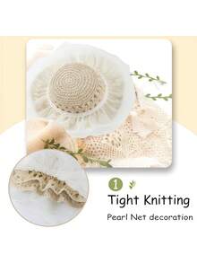 1顶蕾丝边珍珠网纱草帽，女士沙滩帽，宽檐可折叠旅行渔夫帽，春夏款 - 多色 - 查看 7