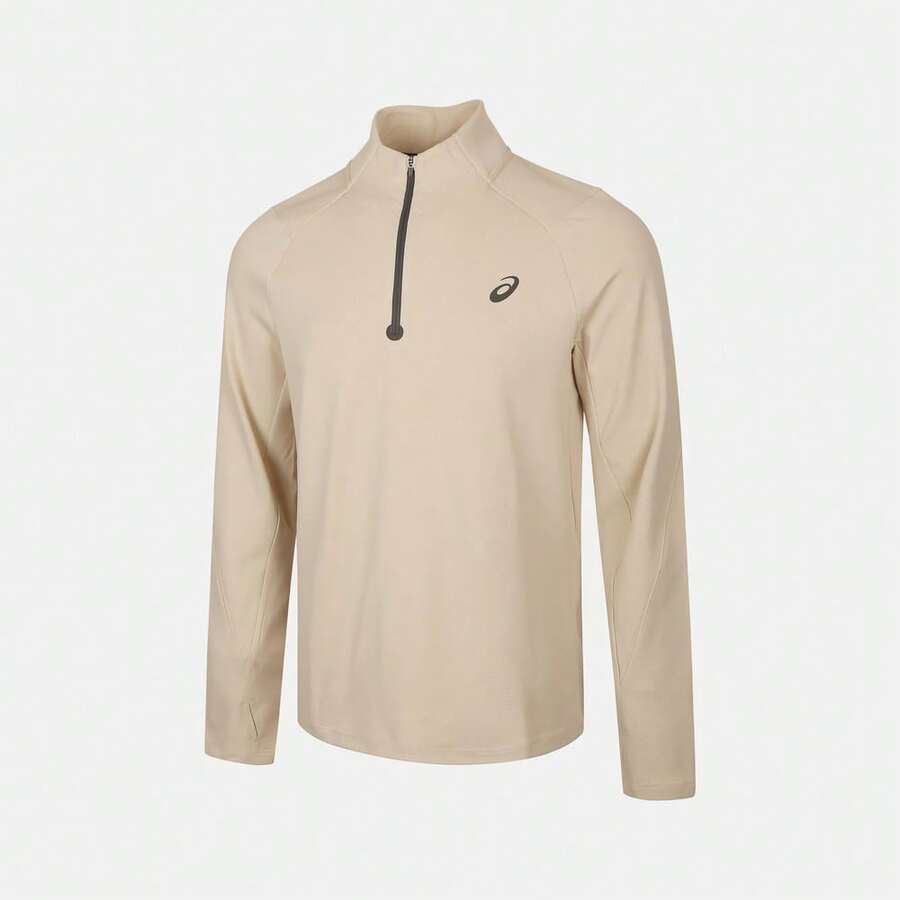 Asics 男士莱卡跑步长袖T恤，针织无领长款T恤 2011D623-020 - 米色 - 查看 1