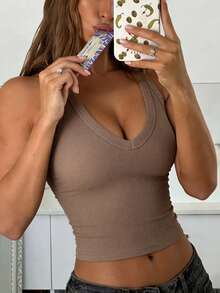 GAOVOT Women's Top Summer Simple Casual Y2K Sexy V-Neck Cross Halter Vest Is Suitable For Sports Daily Wear - Khaki - View 8