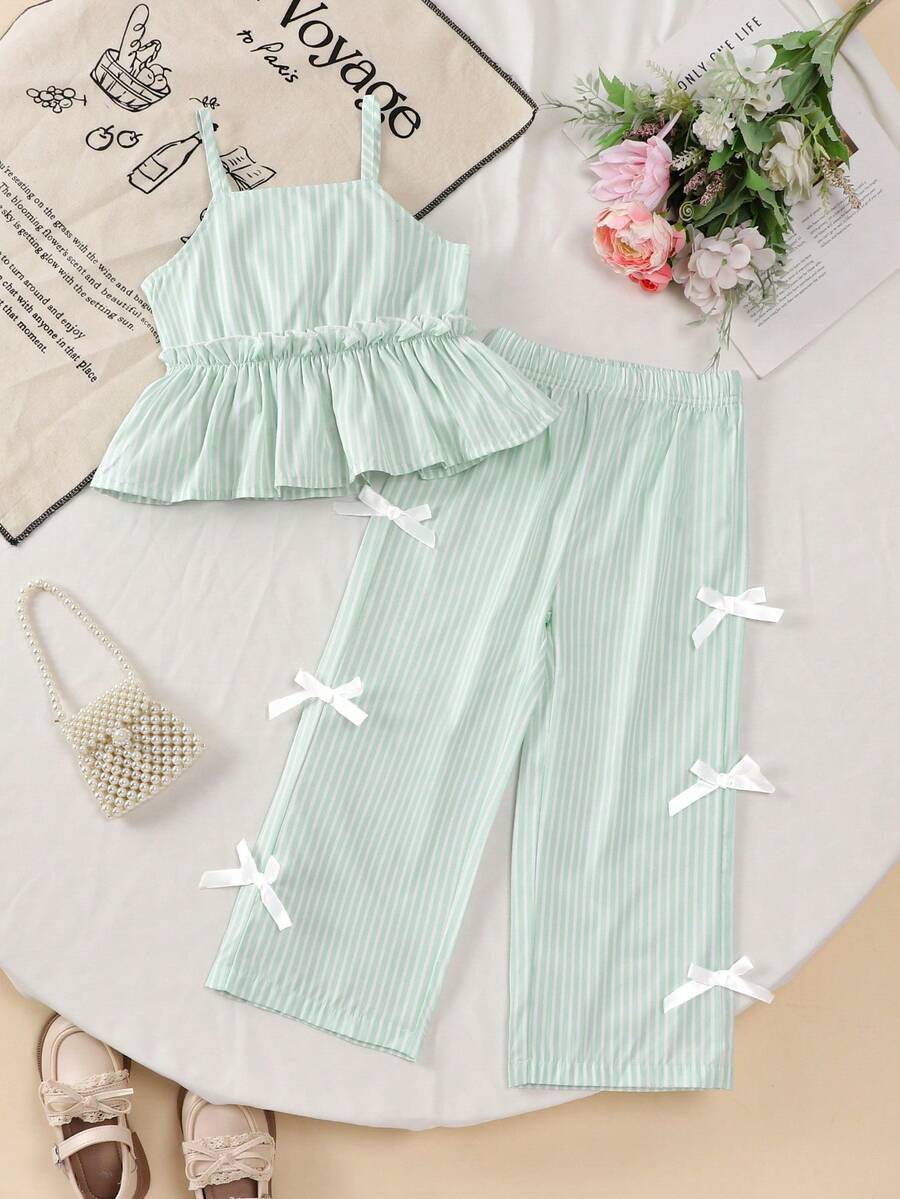 Girls' Summer Camisole Top And Wide Leg Pants Set - Mint Green - View 1