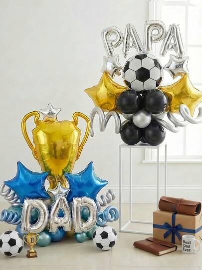 27pcs/40pcs Father's Day Party Decorations, Giant Gold Trophy Foil Balloons, 18" Football Shaped Round Foil Balloons, 18" Gold/Blue Star Foil Balloons, Suitable For Dad's Birthday, Husband's Birthday, Football Lover Dad's Holiday Decorations