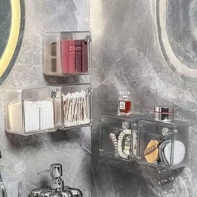 透明免钉镜柜收纳盒，可拆卸隔板壁挂式化妆棉棉签首饰收纳架