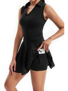 Plain Fitness Dress With Polo Collar And Built-In Shorts With Comfortable Pocket - 黑色 - 查看 7